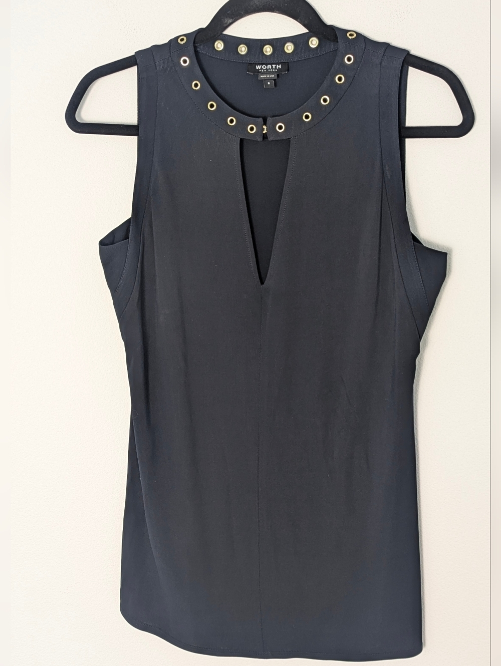 Worth Womens Gold Embellished Top Sleeveless Dark Navy Size S V-neck Office EUC